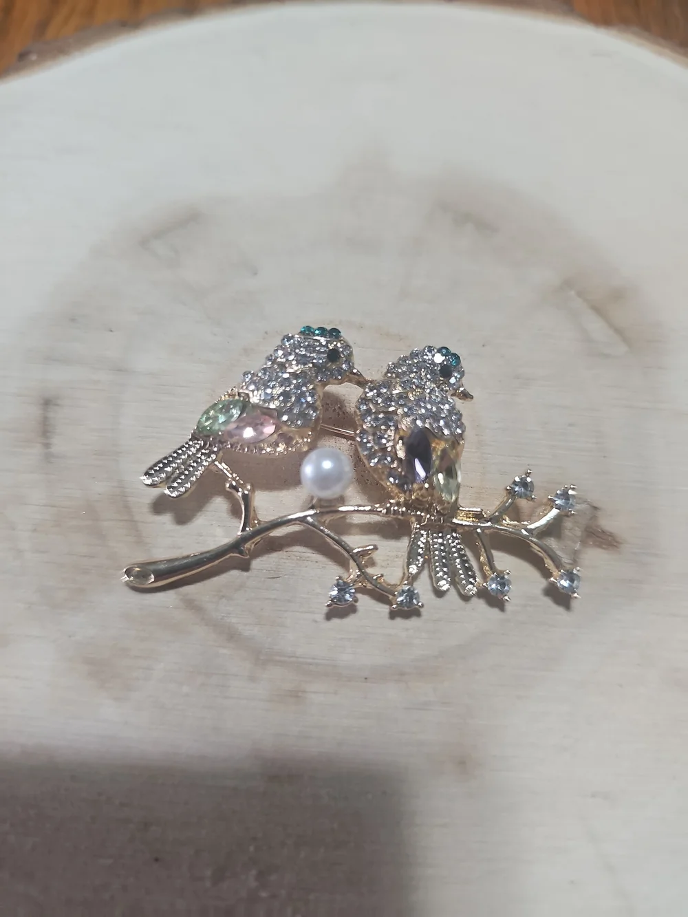 Gold-Tone Crystal Bird Brooch with Pearls and Multicolor Stones